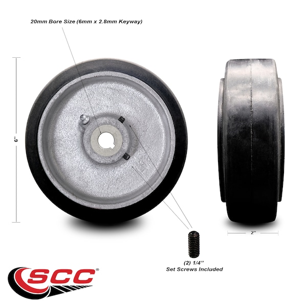 6" x 2" Rubber Tread on Cast Iron Keyed Drive Wheel - 20mm Bore -